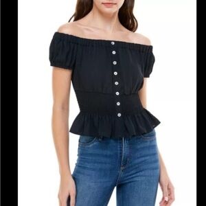 Ultra Flirt Black Faux Button Front Smocked Waist Peplum Off the Shoulder Top L